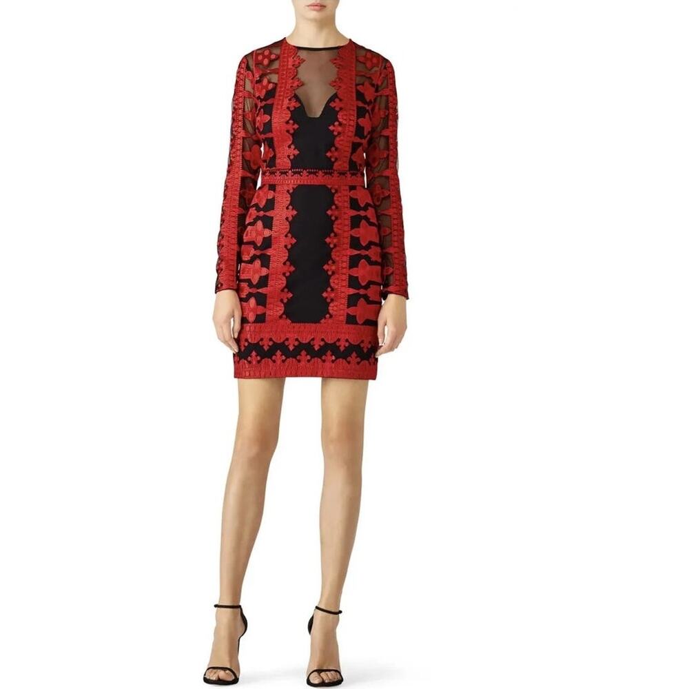 NICOLE MILLER Red Black Illusion Embroidered Mesh Long Sleeve Sheath Dress Size6